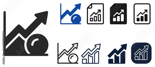 Set of business growth and financial success icons featuring upward trending arrows and bar chart graphics