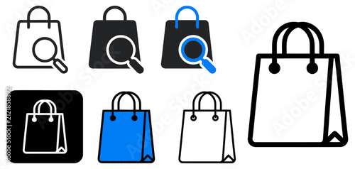 Set of shopping bag icons with magnifying glass search symbols in various styles for retail and e commerce