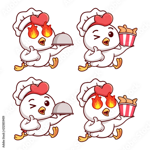Cute Chicken Chef Mascot Set Holding Fried Chicken and Serving Tray Vector