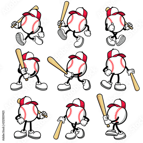 Cute Baseball Character Mascot Set with Bat in Various Action Poses