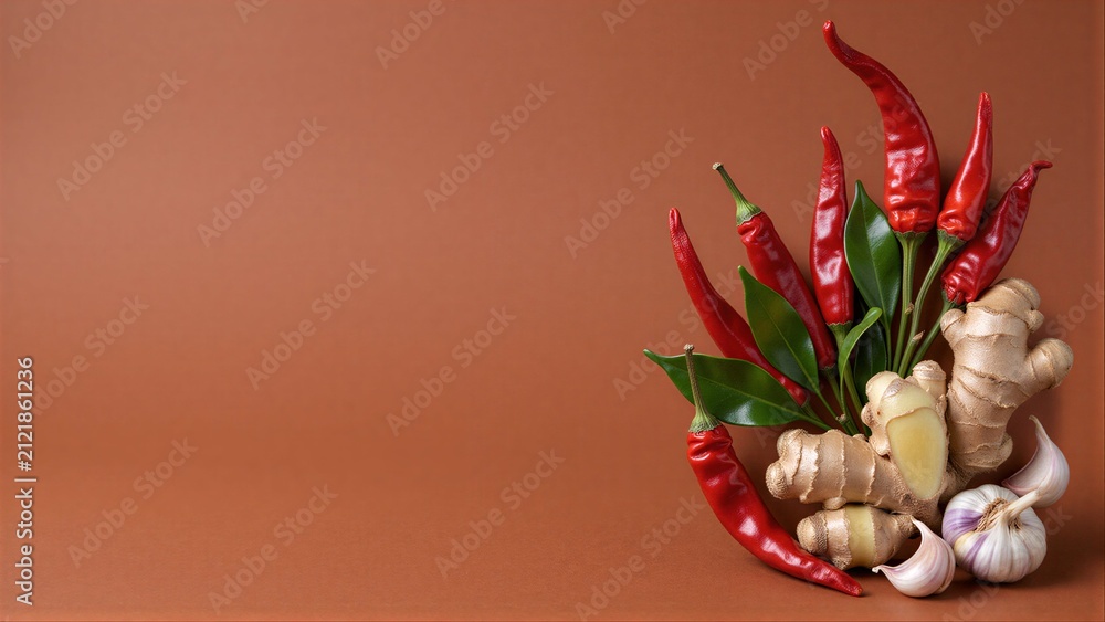 Obraz premium Red chilies, ginger, garlic on warm brown background.