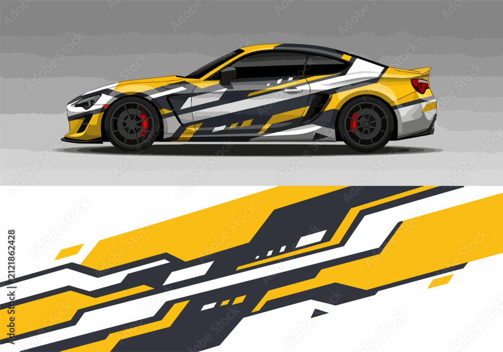 Fototapeta premium Yellow and black camouflage sports car with racing stripes
