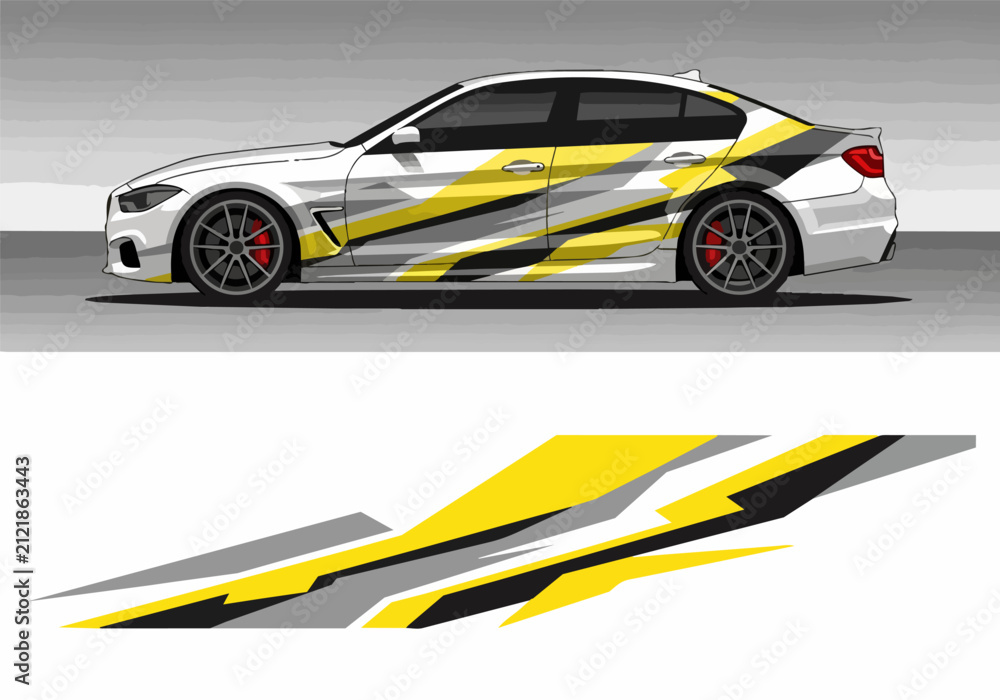 Fototapeta premium White sports car with yellow and black geometric wrap design