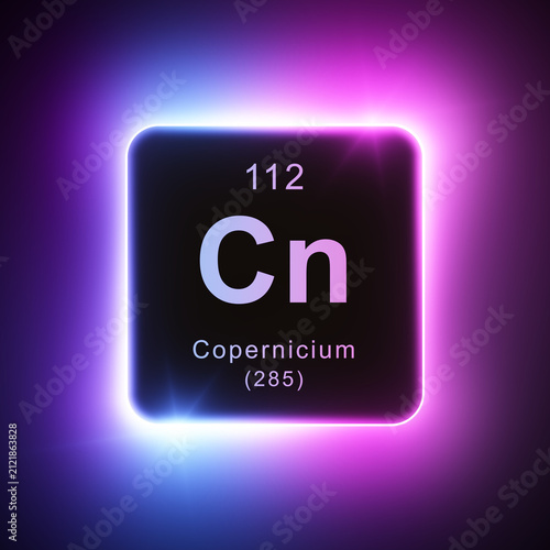 Copernicium element colorful neon glowing icon lens flare, periodic table.