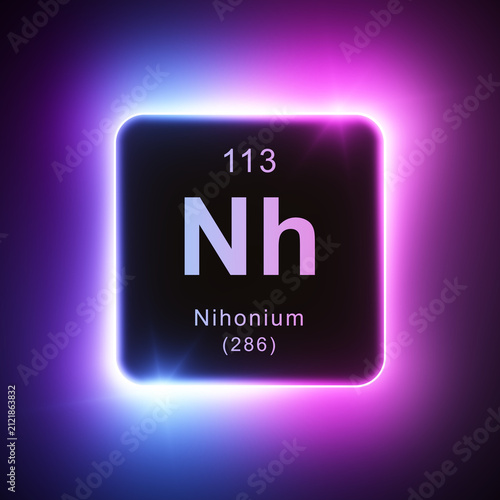 Nihonium element colorful neon glowing icon lens flare, periodic table.