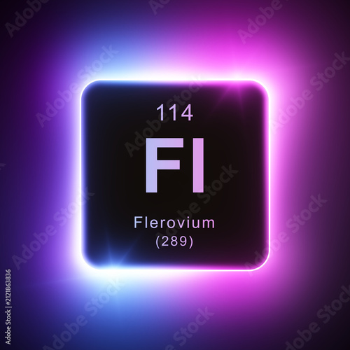 Flerovium element colorful neon glowing icon lens flare, periodic table.