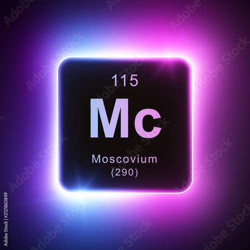Moscovium element colorful neon glowing icon lens flare, periodic table.