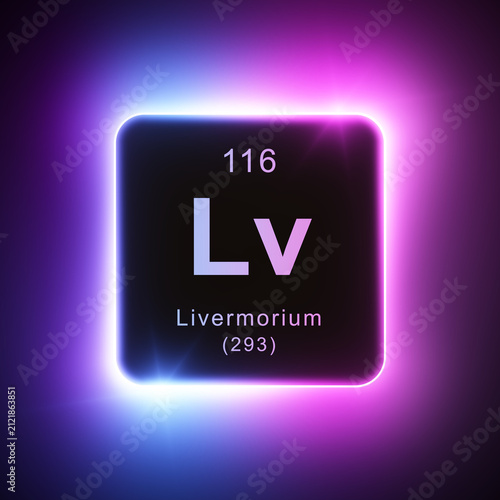 Livermorium element colorful neon glowing icon lens flare, periodic table.