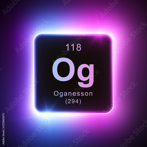Oganesson element colorful neon glowing icon lens flare, periodic table.