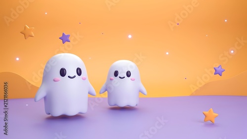 Cute Kawaii Ghost Friends on Pastel Background 3D Halloween Cartoon Illustration with Copy Space