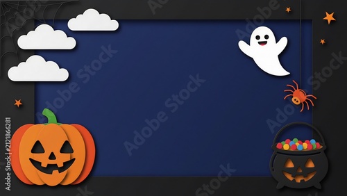 Halloween Paper Cut Background with Cute Ghost, Jack O Lantern, Candy Bucket and Copy Space