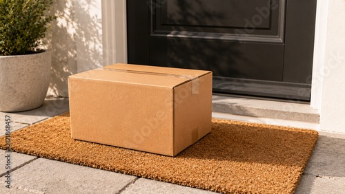 Blank cardboard delivery box mockup on a front door welcome mat.