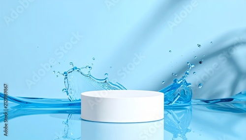 White podium with blue water splash background concept