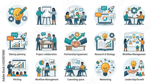 Business icons illustrate collaborative office workflows, strategic planning, team networking, and leadership development in a professional environment.