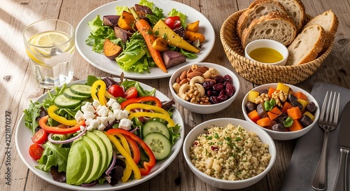 Delicious table spread featuring fresh green salads with colorful vegetables grains nuts and warm artisan bread arranged nicely for a wholesome dining experience during lunch time