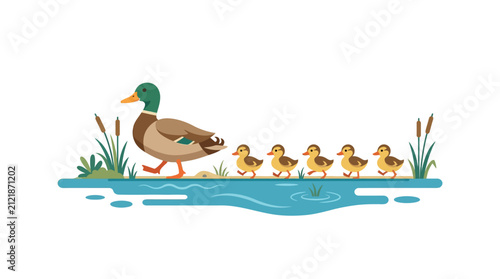 Mother duck leads her ducklings in a line along the water's edge.