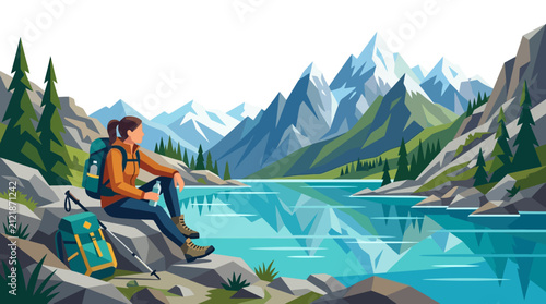 Foto Female hiker enjoying a stunning mountain lake view.