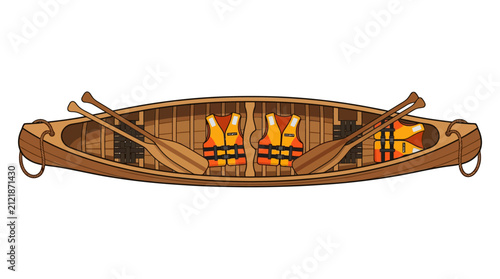 Vector illustration of a wooden canoe with paddles and life jackets isolated on white.