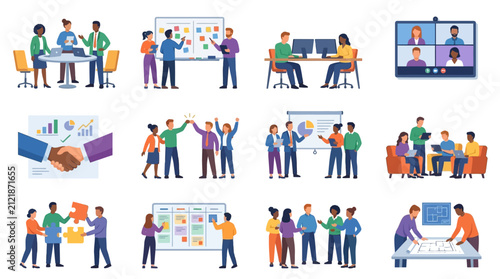 Business professionals collaborate in various corporate scenarios including meetings, video calls, and brainstorming sessions.