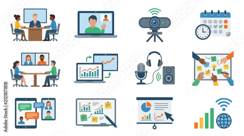 Картината върху платно Workplace icons depict remote collaboration tools including video meetings, microphones, and data analytics software for modern business environments