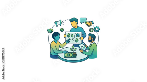 Business team members sit around a circular table to discuss strategic planning and sustainable financial growth initiatives.