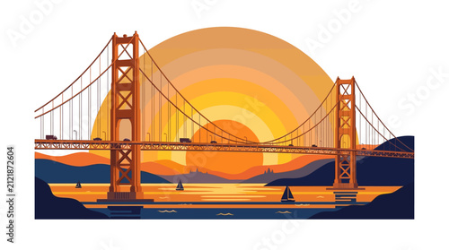 Vector illustration of a suspension bridge over water at sunset.