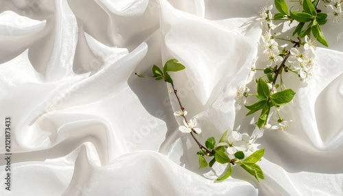 White spring blossoms on crumpled white silk background