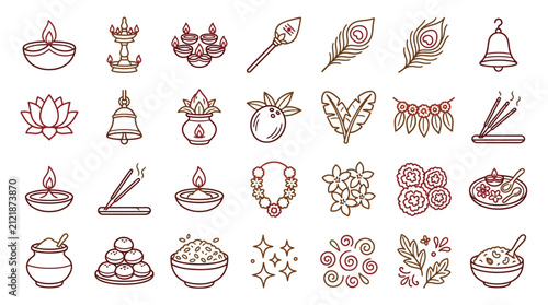 Obraz na płótnie Collection of Indian cultural and religious symbols, including lamps, flowers, incense, and offerings, presented in a clean, line-art style