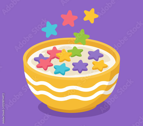 Colorful Star-Shaped Breakfast Cereal in a Yellow Bowl with Milk, Flat Vector Illustration