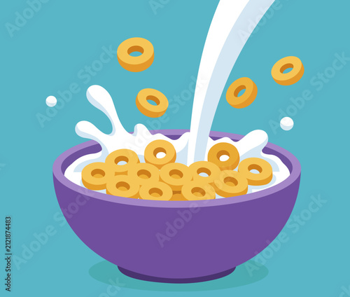 Vector illustration of milk pouring into a bowl with cereal rings splashing on a teal background