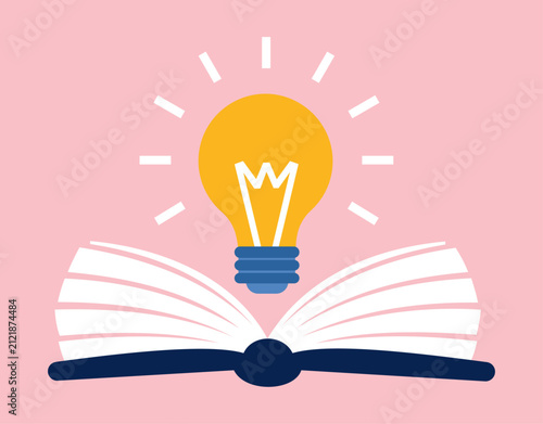 Flat Vector Illustration of Glowing Light Bulb Floating Above an Open Book Symbolizing Creative Ideas, Learning, and Knowledge