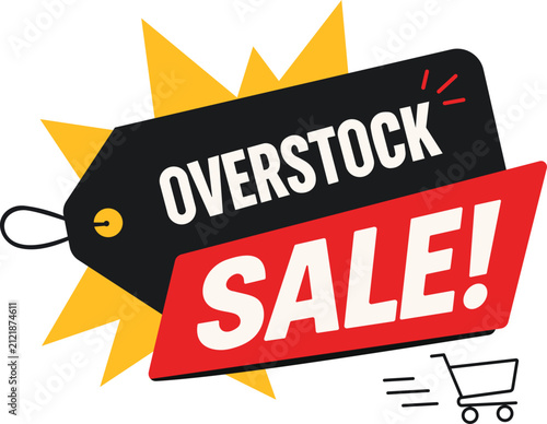 Overstock Sale Tag Vector Design with Shopping Cart Icon for Promotional Clearance and E-Commerce Banner Advertising