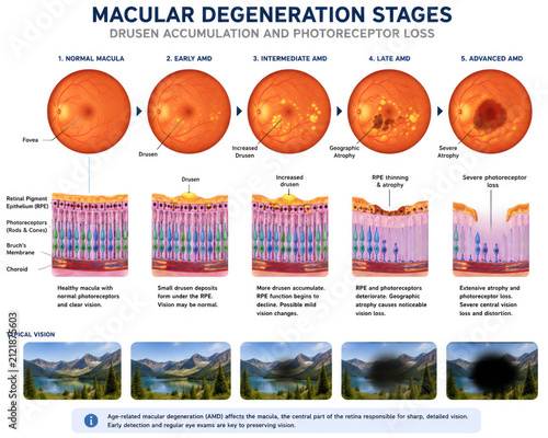 Macular Degeneration Stages     AMD Progression Medical Infographic of Retina and Vision Loss