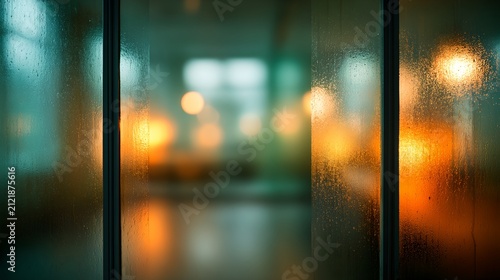 Rainy window with abstract blurred light bokeh. The water droplets on the glass create a beautiful, dreamy effect, while the warm and cool colors of the bokeh suggest an indoor environment.