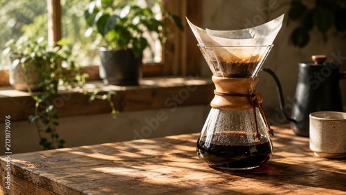 Chemex glass coffee maker brewing filter coffee on a sunny wooden table.