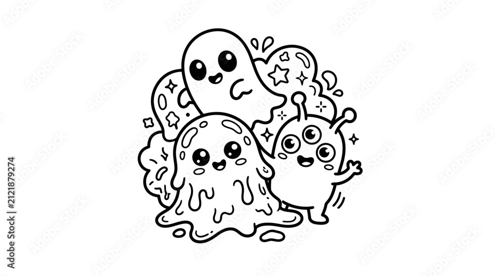 Fototapeta premium Cute Kawaii Monsters Doodle Art, Ghost, Blob, Alien Characters