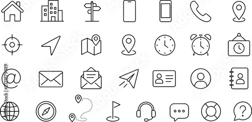 contact icons set, 28 thin line web symbols for communication and navigation, black outline interface elements for mobile apps ,Clean grouped each Icon