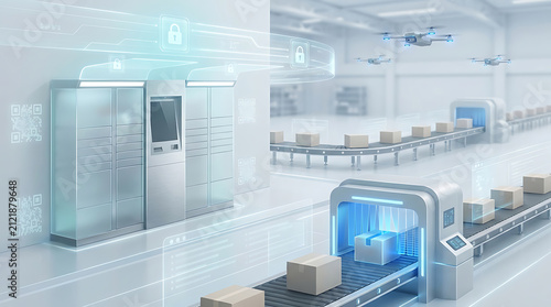Futuristic Automated Warehouse with Drones & Smart Lockers for Efficient Package Sorting & Delivery