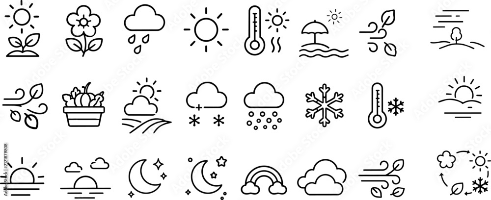 Fototapeta premium Weather and season line icons set, 24 meteorology vector symbols, climate forecast and nature cycle elements for mobile apps and web design ,Clean grouped each Icon