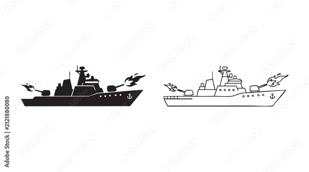 Obraz premium warship firing black silhouette and outline art vector icon featuring cannon, navy