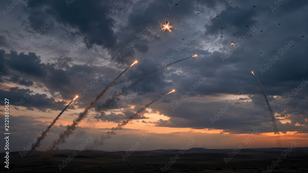 Obraz premium Missile Launches and Drone Swarm in Stormy Sky at Dusk