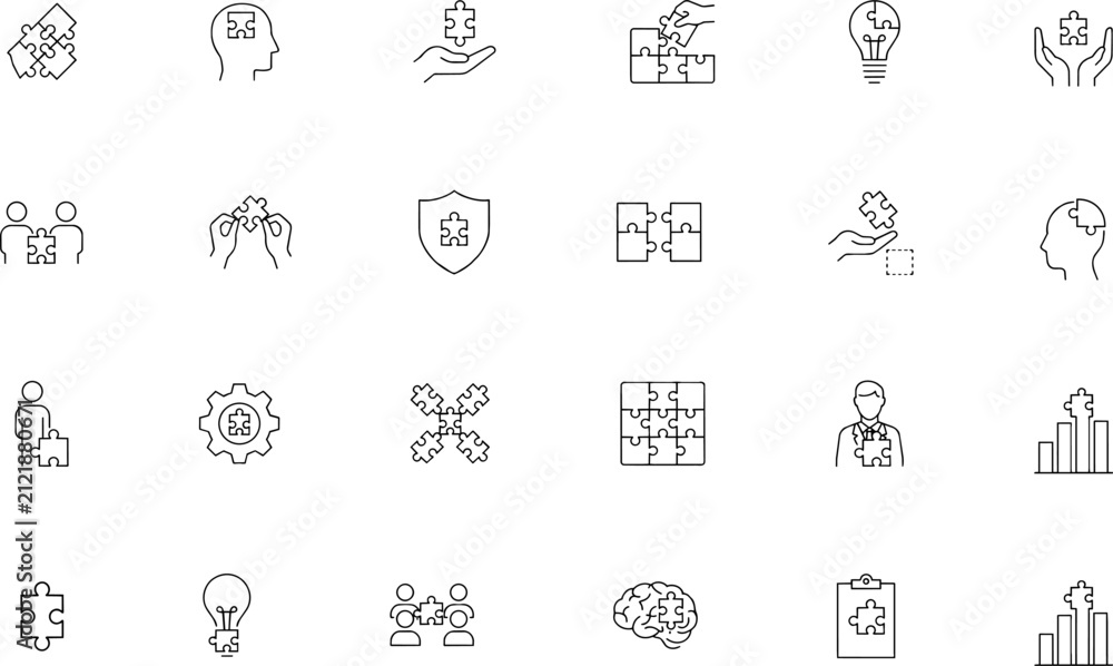 Fototapeta premium Puzzle line icons set, problem solving and teamwork concept symbols, 24 linear vector elements idea, collaboration, connection, challenge, mind,business strategy and logic ,Clean grouped each Icon