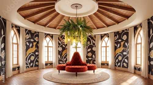Whimsical Round Vestibule with Tufted Velvet Borne Settee, Arts and Crafts Deer Wallpaper and Sunburst Vaulted Ceiling