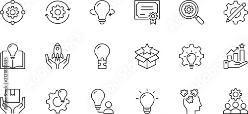 Business innovation line icons set, creative startup and strategy development symbols, 18 thin line management, idea, lightbulb, gear, rovector elements for corporate branding ,Clean grouped each Icon