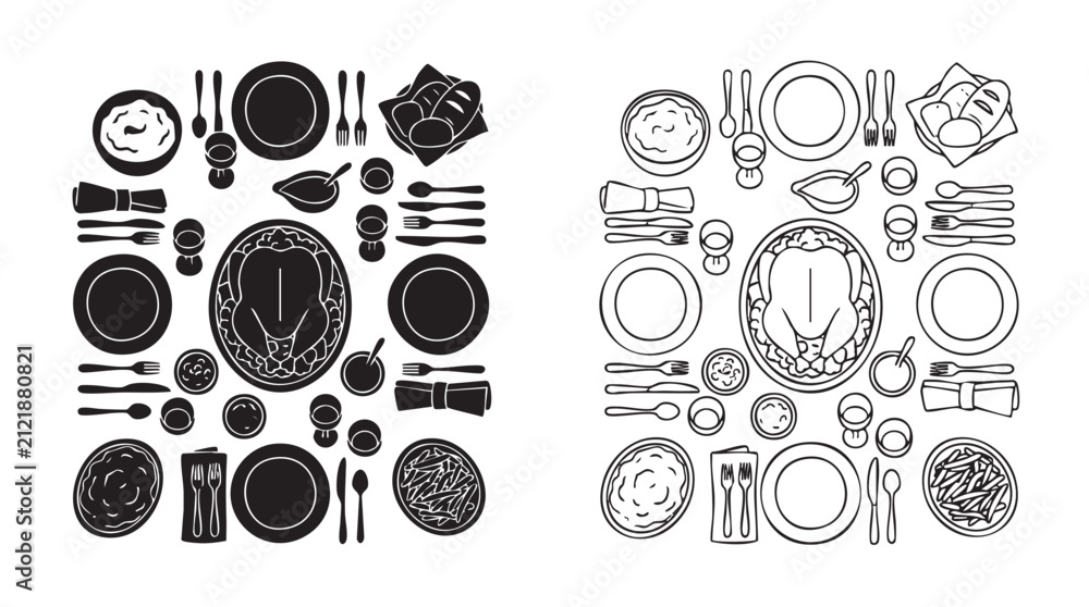 Obraz premium thanksgiving christmas dinner table black silhouette and outline art vector icon set