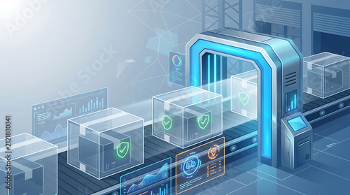 High-Tech Warehouse Automation: Futuristic Conveyor Belt with Transparent Boxes & Digital Analytics
