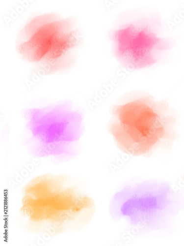 Watercolor pastel stain collection with soft pink, coral, orange, and purple color splashes isolated on white background

Hand painted colorful watercolor paint dor background 