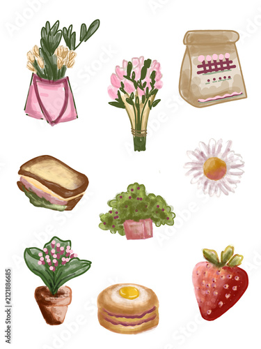 Cute picnic clipart set with flower bouquet, sandwich, strawberry, pancake, potted plant, and paper bag watercolor illustration isolated on white background

Hand drawn spring aes