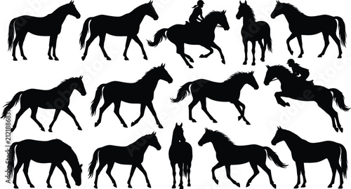 Fotografie Horse silhouette vector illustration set featuring equestrian riders jumping gal