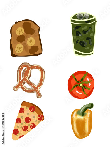 Cute food clipart set with banana toast, iced matcha green tea, pretzel, tomato, pizza slice, and yellow bell pepper watercolor illustration isolated on white background